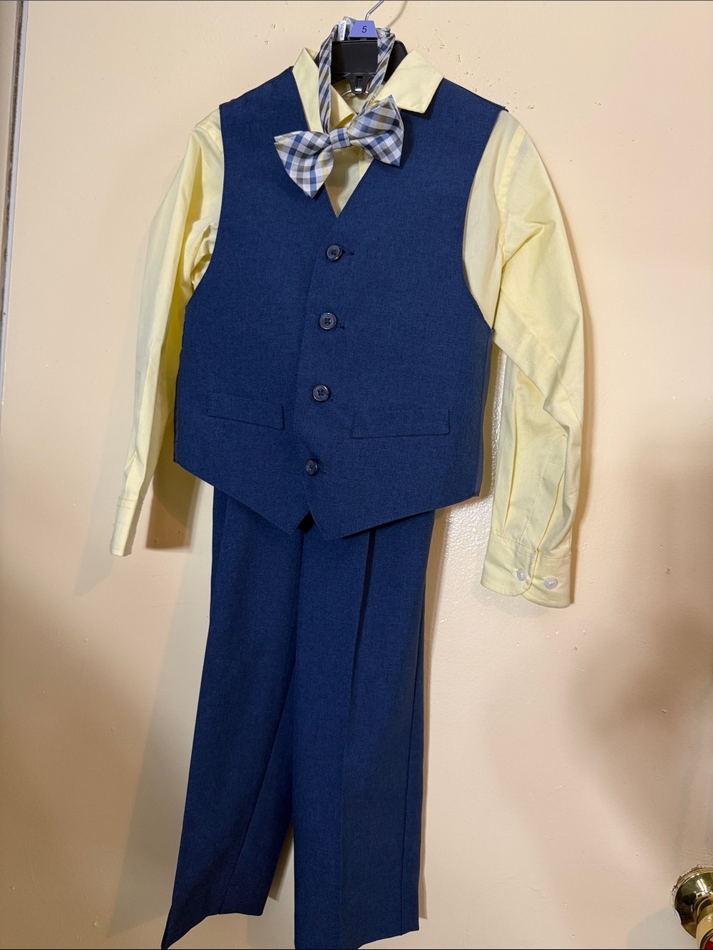 Van Heusen Boys Navy Vest & Pants with Yellow Shirt and Plaid Bow Tie